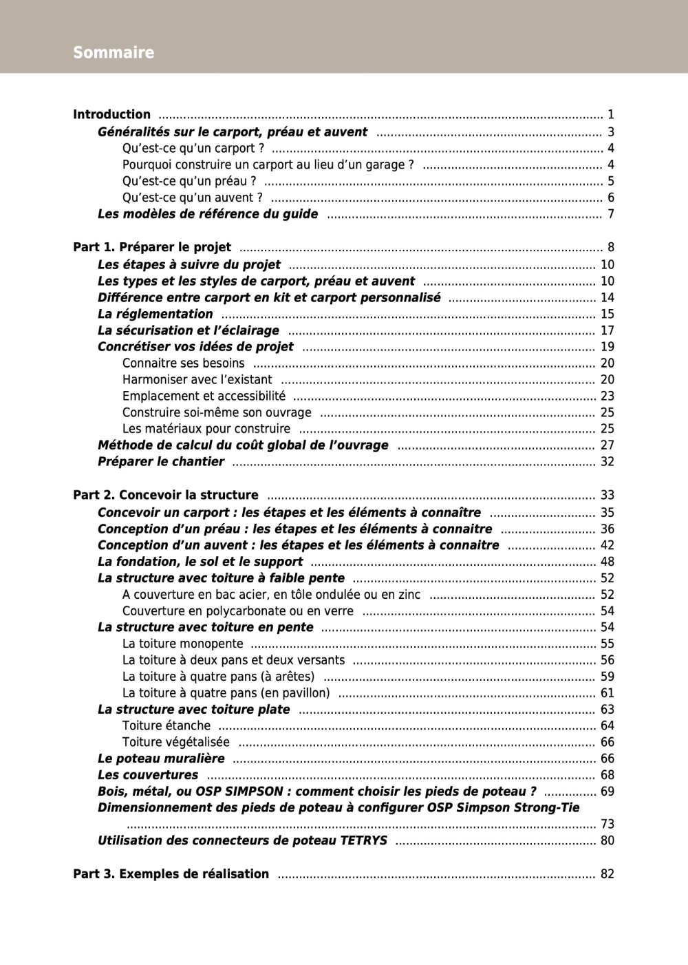 Sommaire page 1 du grand guide de construction des carports, préaux et auvents